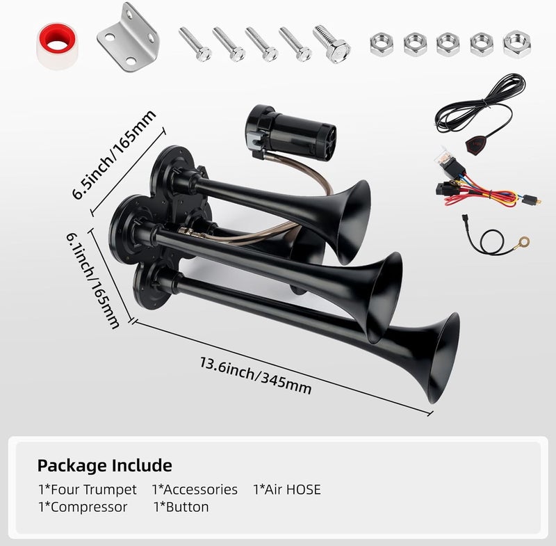 OVANOH 150db 12V Train Horn Kit，4 Speakers with button， Air Horn With Compressor Compatible For Trucks Cars Semi Trailers Pickup Motorhome SUV Truck Train And Other Vehicles， Ultra Loud BD Wiring Harness - Image 5